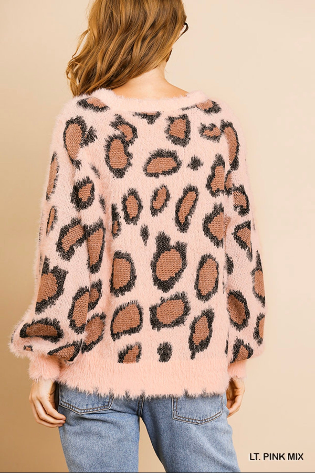 Animal Print Long Puff Sleeve Fuzzy Soft Knit Round Neck Pullover Sweater