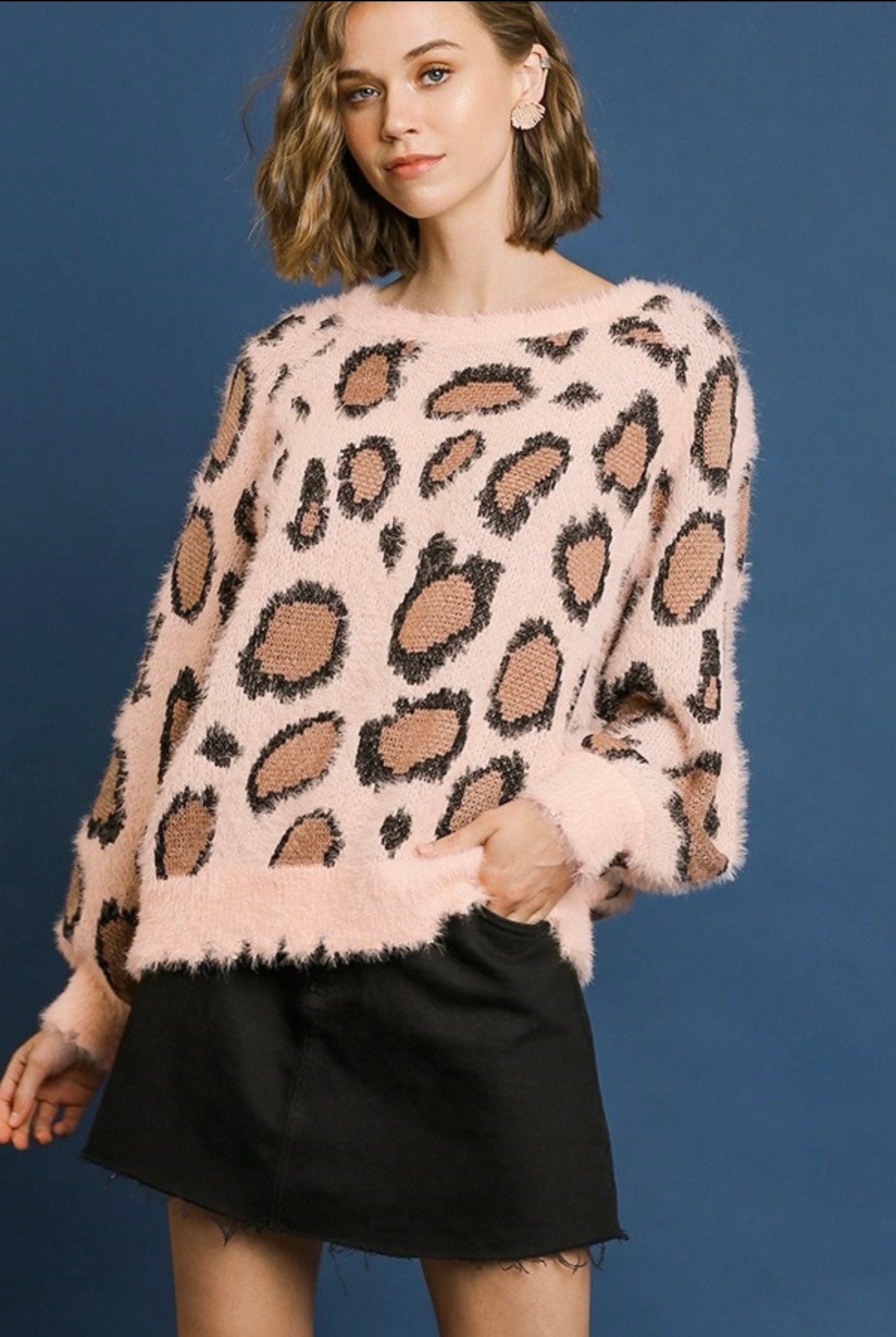 Animal Print Long Puff Sleeve Fuzzy Soft Knit Round Neck Pullover Sweater